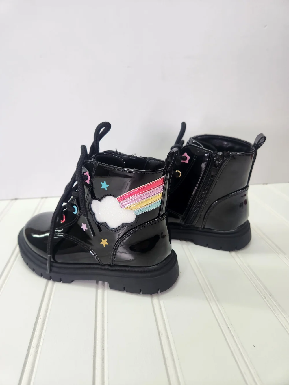 Sugar Black Patent Lace-Up Boots with Rainbow Star & Cloud Details